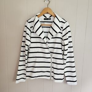 Cyrus jacket ponte knit white & black striped asymmetric zipper nwot pockets L